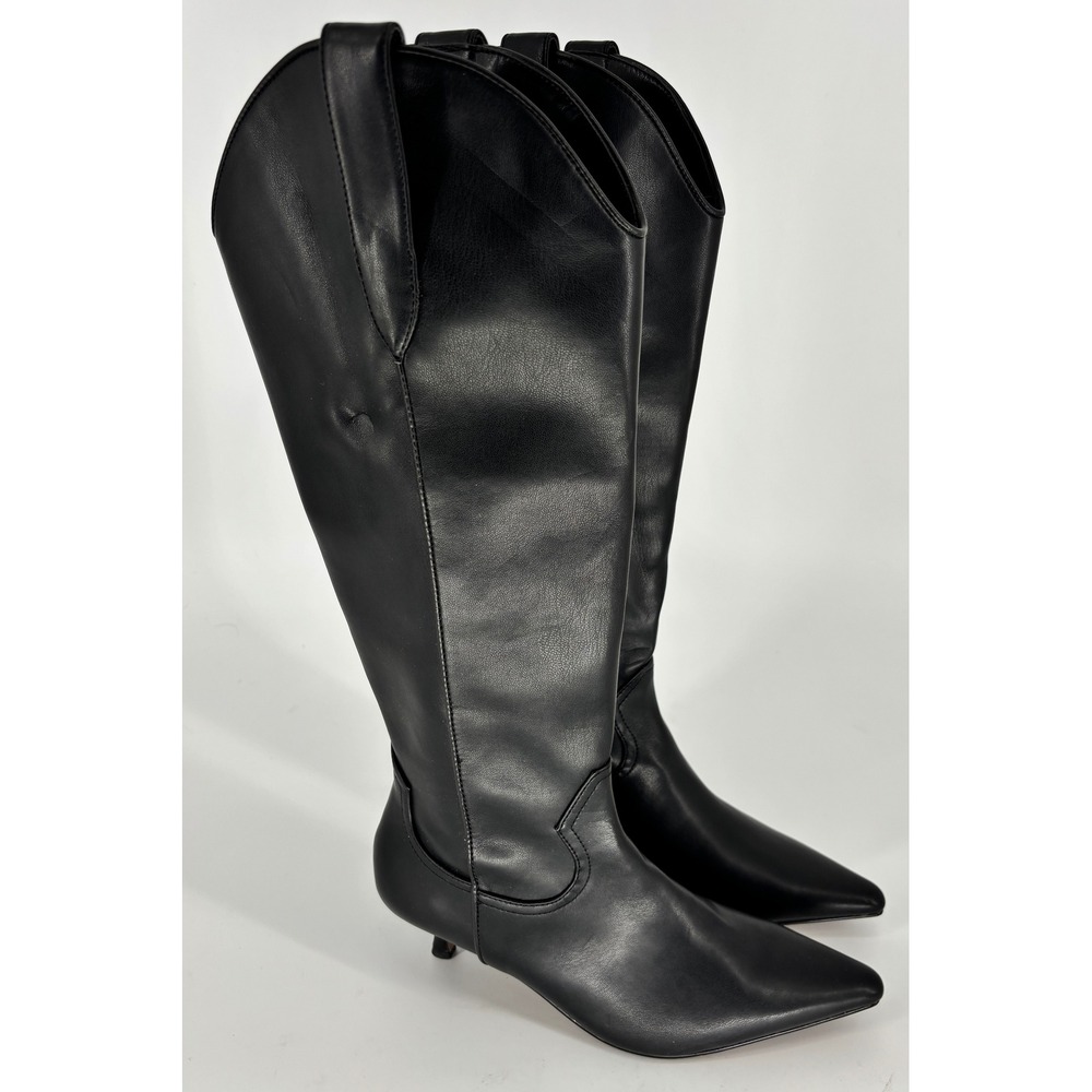 Steven Britt Tall Boots Black Women Size 6.5 Pointed Toe Kitten Heel Leather